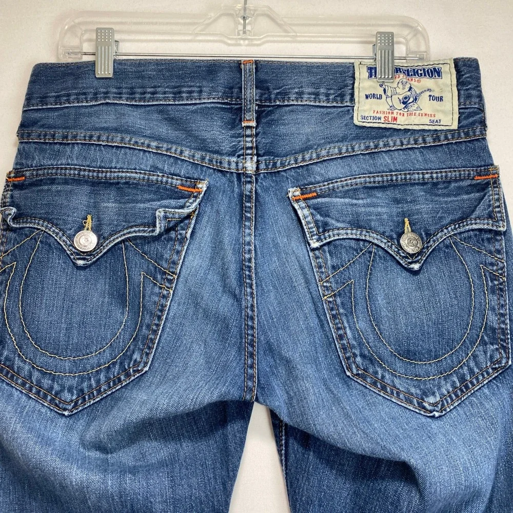 Y2K True Religion Section Slim Jeans Mens 31X32 Blue Denim Horseshoe Flap